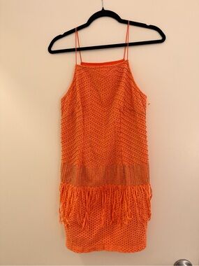 Brand New Nicole Miller Atelier Bright Orange Crochet Fringe Slip Dress